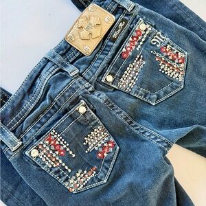 Miss Me Girls’ Skinny Jeans with Red and White Embellishments- Size 8
